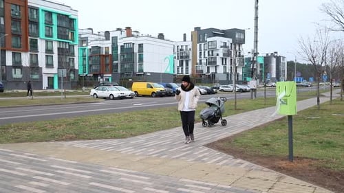 Walking with a Stroller on a Residential Street in a Modern Neighborhood During a Cloudy Day