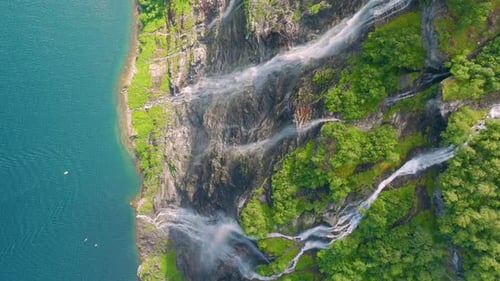 Seven Sisters Waterfall, Geiranger Fjord, Norway. Nature in fjords. Traveling through the Norway.