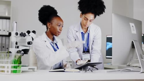 Scientist, teamwork and women with tablet computer for plant research or information