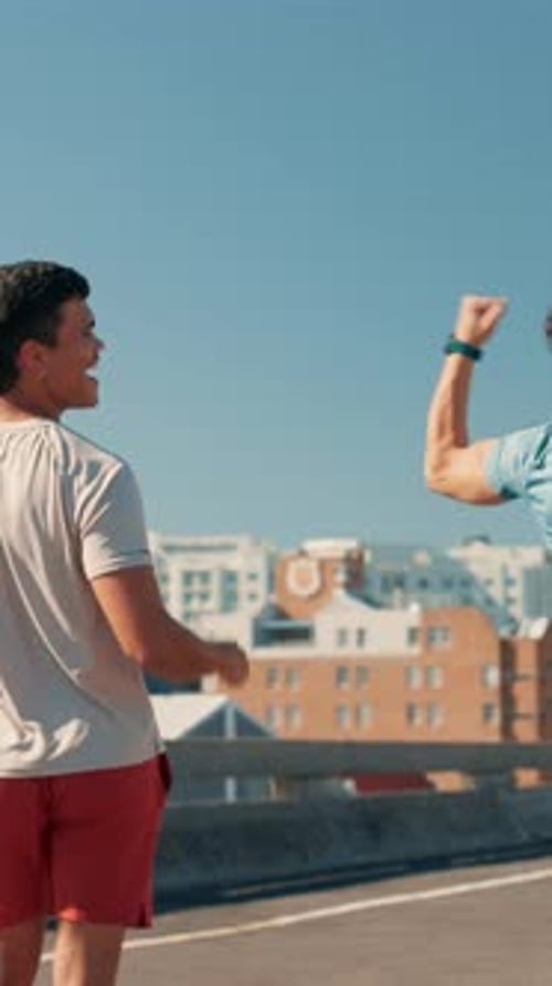 Back, men and running in city with success by blue sky, celebration and progress in exercise