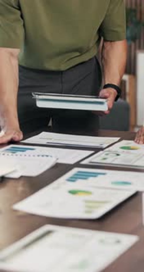 Data analysis, tablet or hands in office with paper, planning or budget strategy for revenue growth