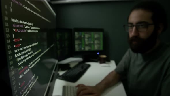 Man Having Intense Coding Session in Dimly Lit Programmer Workspace ...