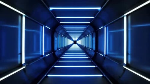 Futuristic Blue Neon Tunnel with Glowing Tech Lines