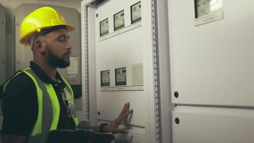 Man, engineering and technician at control room, machine maintenance and industrial inspection
