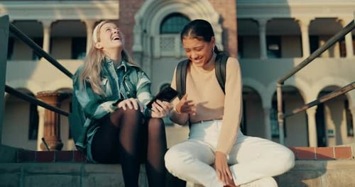 Funny, friends and reading phone on college, campus or students outdoor with social media