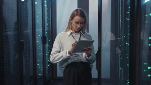 Eine Frau navigiert fachmännisch durch einen Serverraum und zeigt ihre technischen Fähigkeiten