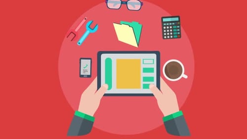 Flat Design Hands Interacting with Tablet and Office Elements