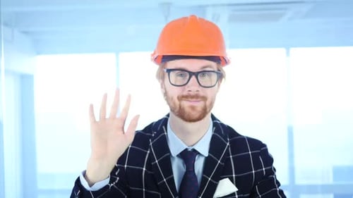 Hello Waving Hand Architectural Engineer with Red Hairs