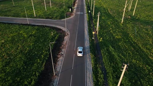 The Car is Driving on an Asphalt Road in the Countryside Aerial View