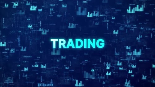 TRADING Concept over animated stock market background with chart, numbers and matrix codes
