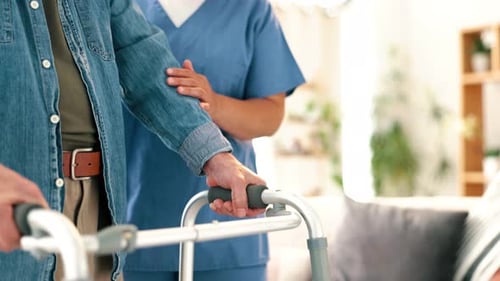 Walker, caregiver and support for senior in nursing home, physiotherapy and medical assistance