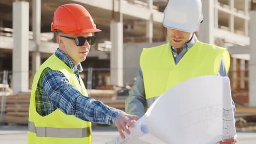 Professionelle Bauarbeiter stehen vor der Baustelle, dem Bürogebäude und dem Kran im Hintergrund