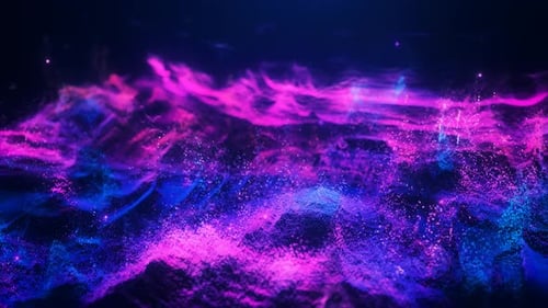 Abstract moving futuristic landscape of particles and dots of energy magic with glow and blur