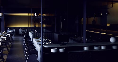 Elegant Dimly Lit Restaurant Interior with Stylish Decor and Seating