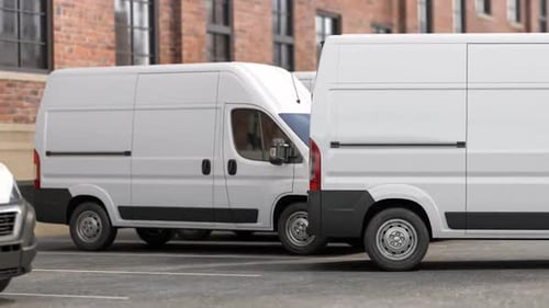 Delivery vans in a row; Express delivery; shipping service concept. 3d video animation