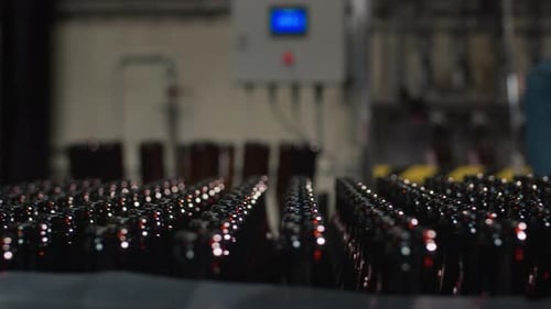 Capped Brown Glass Bottles on Production Line at Factory