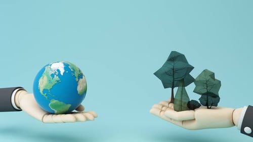Hands Holding Earth and Geometric Trees Environmental Concept