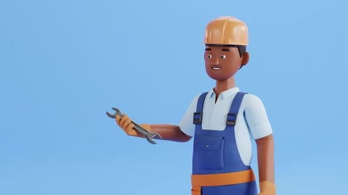 Builder character animation. Construction site worker, handyman or plumber with a wrench.
