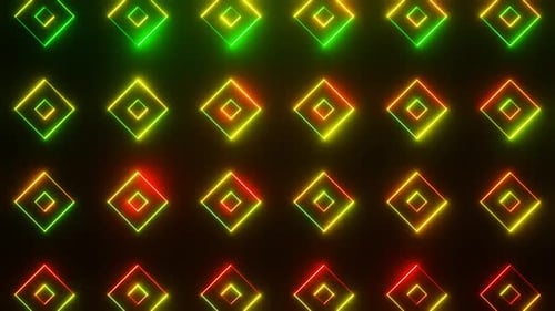 Red And Yellow And Green On Black Abstract Neon Glowing Square Patterns Background Vj Loop In HD