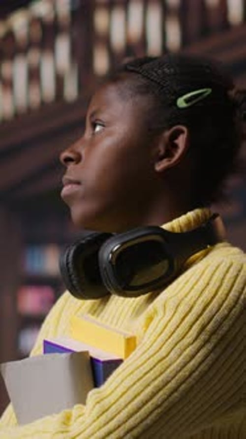 Vertical Video Portrait of Cute Teenager Carrying Textbooks and Study Materials in the Library
