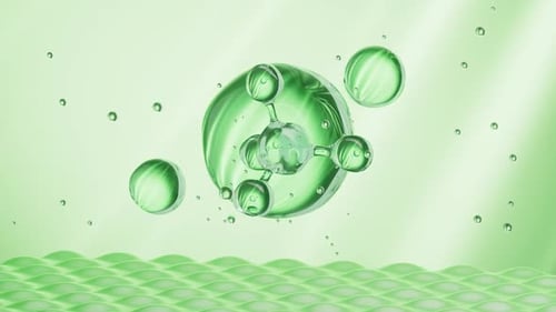 Green molecule with glass spheres on the skin, Concept skin care Cosmetics background, 3D rendering.
