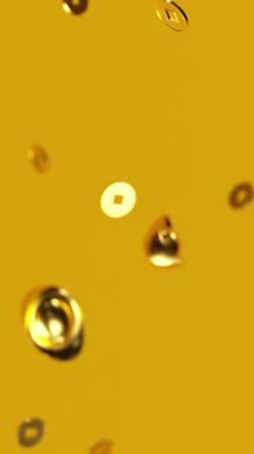 Golden Chinese Coins Falling Against Yellow Vertical Background