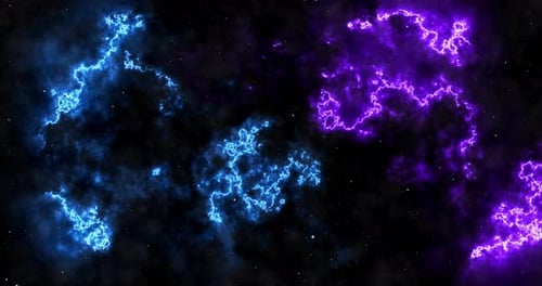 Flying inside Epic Storm of Galaxy Clouds and Lightning Nebula. Space scene of the starry sky