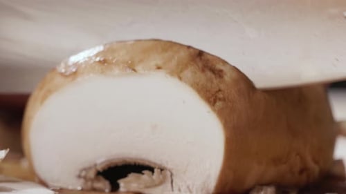 Nahaufnahme von Händen beim Schneiden von Pilzen auf einem hölzernen Küchenbrett.
Schuss