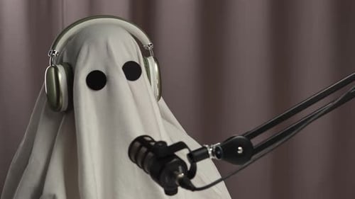 Funny Ghost in a White Sheet and Headphones Recording a Podcast