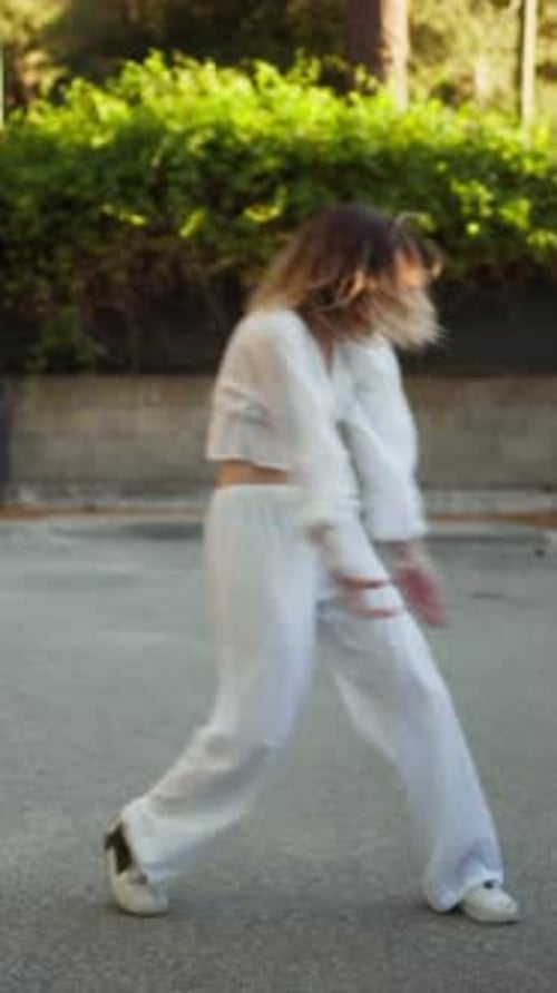 Short Hair Girl Dances On The Street Rap In White Clothes