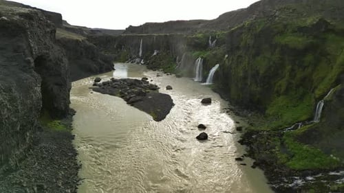 Aerial view over Sigöldugljufur Waterfalls