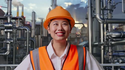 Close Up Of Asian Female Engineer While Standing With Arms Akimbo In a Refinery