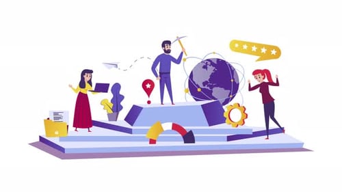 Flat Design Animated Team Working on Global Network