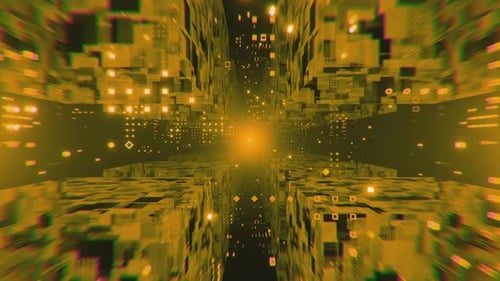 Túnel
geométrico futurista. Túnel de ciencia ficción con cubos y puntos brillantes y giratorios