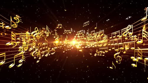 Elegant Golden Music Notes Flowing Particle Background