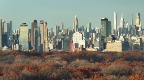 Drone shot of the New York City skyline on an autumn day