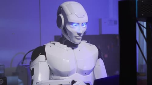 Futuristic Artificial Intelligence Machine with Illuminated Eyes Demonstrating Advanced Sensors and