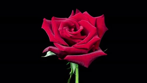 Red Rose Plant Blooming Flower in Time Lapse on a Black Background. Single One Flower Opens