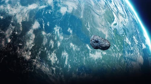 Realistic 3D Asteroid Flying Past Planet Earth