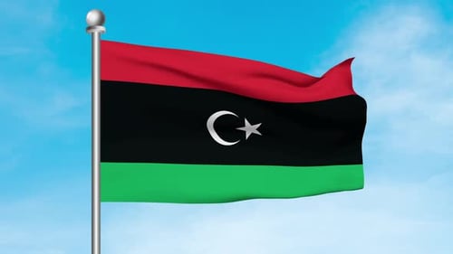 Realistic Libya National Flag Waving Animation on Blue Sky