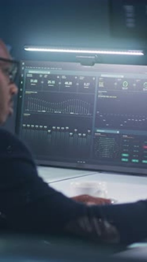 Man Working on Computer with Charts and Graphs