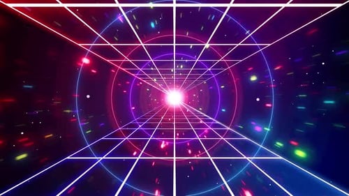 Retro Neon Grid Tunnel Loop with Colorful Particles