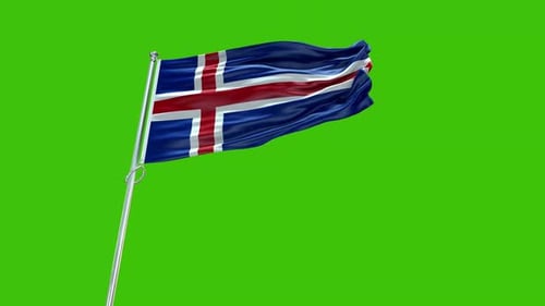 Iceland National Flag Waving in Wind on Green Screen Background