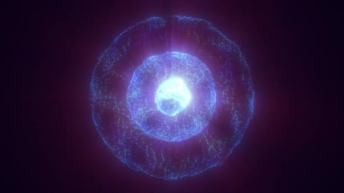 Blue energy glowing sphere futuristic atom from electric particles and energy waves background