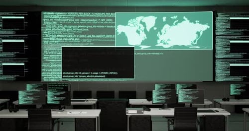 Código de programação em vários monitores e desktops mostrando o banco de dados em um centro de controle e segurança