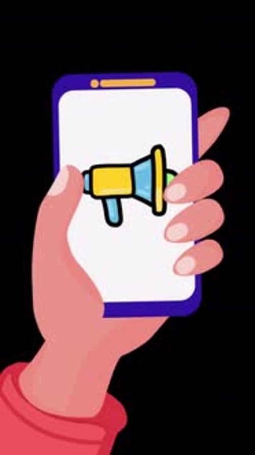 Hand Holding A Phone With Scrolling Marketing Icons On Alpha Channel Vertical