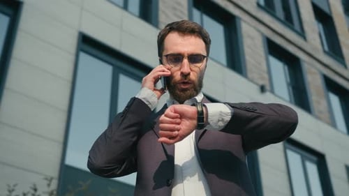Busy Successful Adult Businessman Caucasian Man Talking Mobile Phone Smartphone Call Outside Office