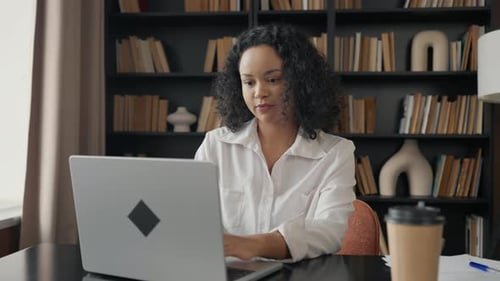 African American Girl Study on Laptop Young Pretty Woman Student Studying Working on Laptop Typing