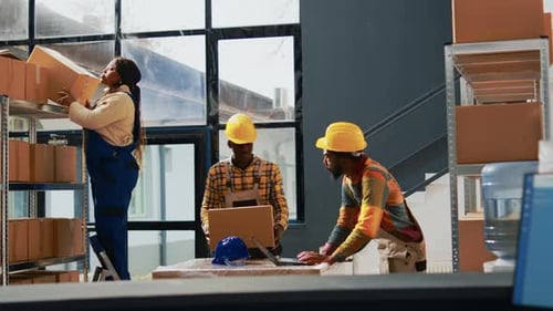 Warehouse Employees Checking Products on Shelves