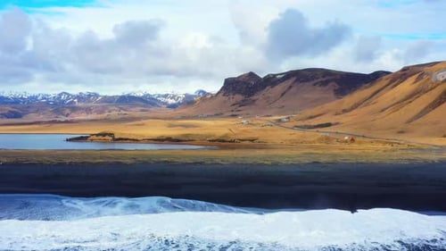 Black Sand Beach with Huge Waves Aerial Cinematic Video Beautiful Nature in Iceland Coastline From